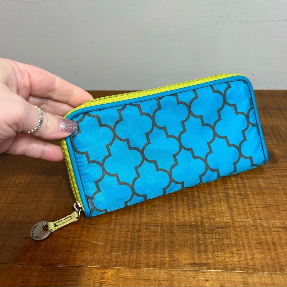 Travelon turquoise and lime zip around medium rfid wallet
